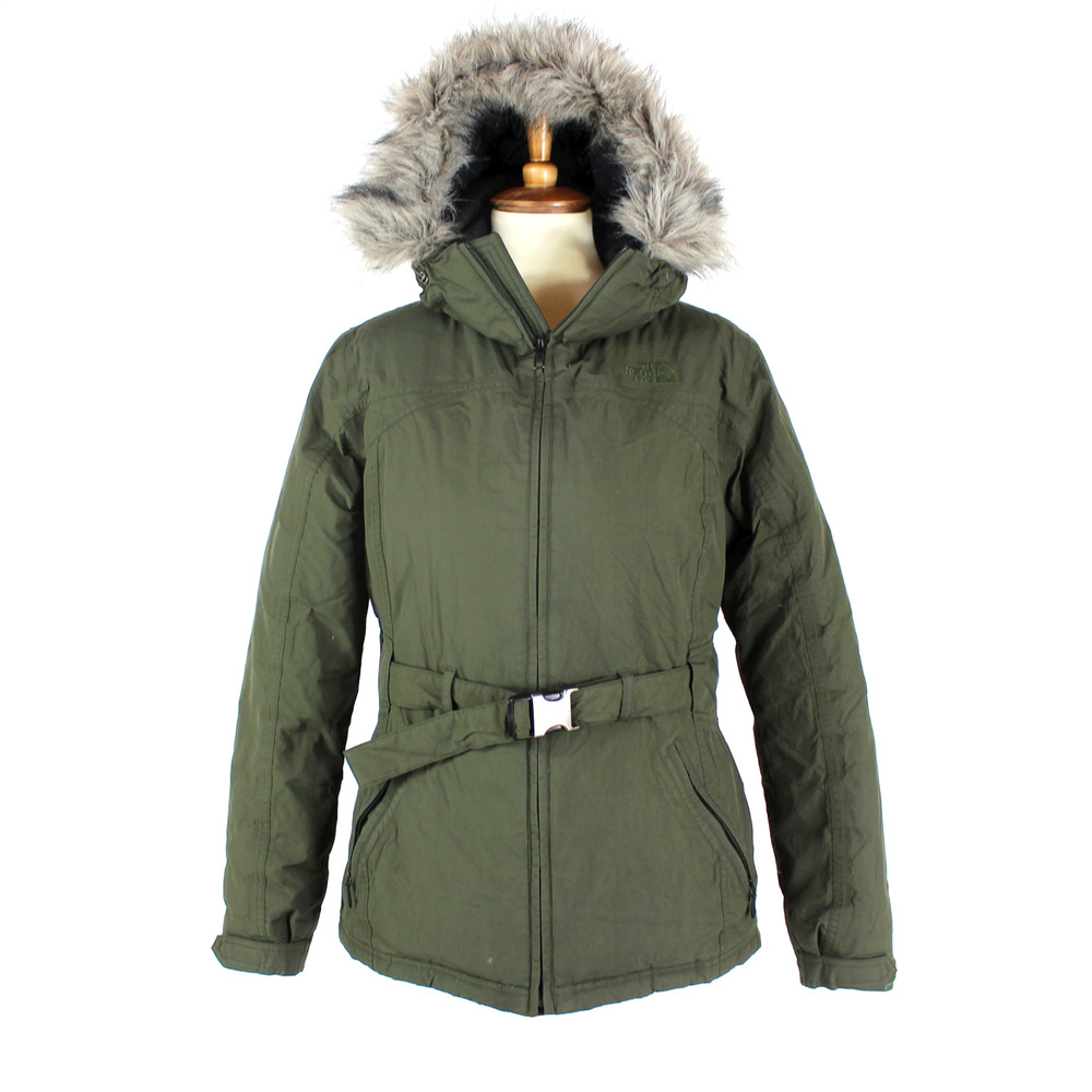 The North Face Hyvent Belted Coat Down Insulated Faux Fur Trim Hooded Coat Sz M